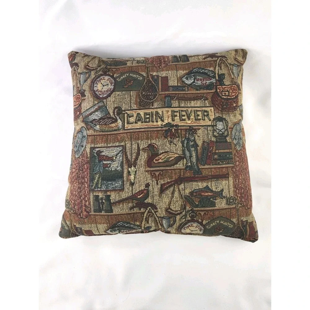 Woven Tapestry Cabin Pillow Rustic Lodge Camping Fishing Couch Vacation Home